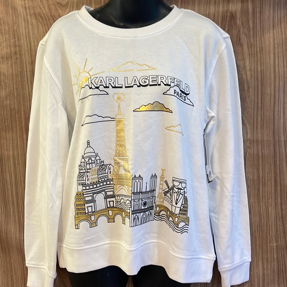 NWT Karl Lagerfeld Paris Beautiful Soft White Graphic Embroidered Sweater